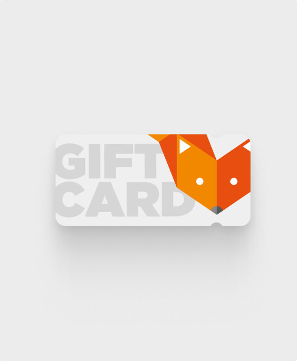 Lightened grey Fox in a Box Adelaide gift card with fox illustration, photographed on a soft neutral background.